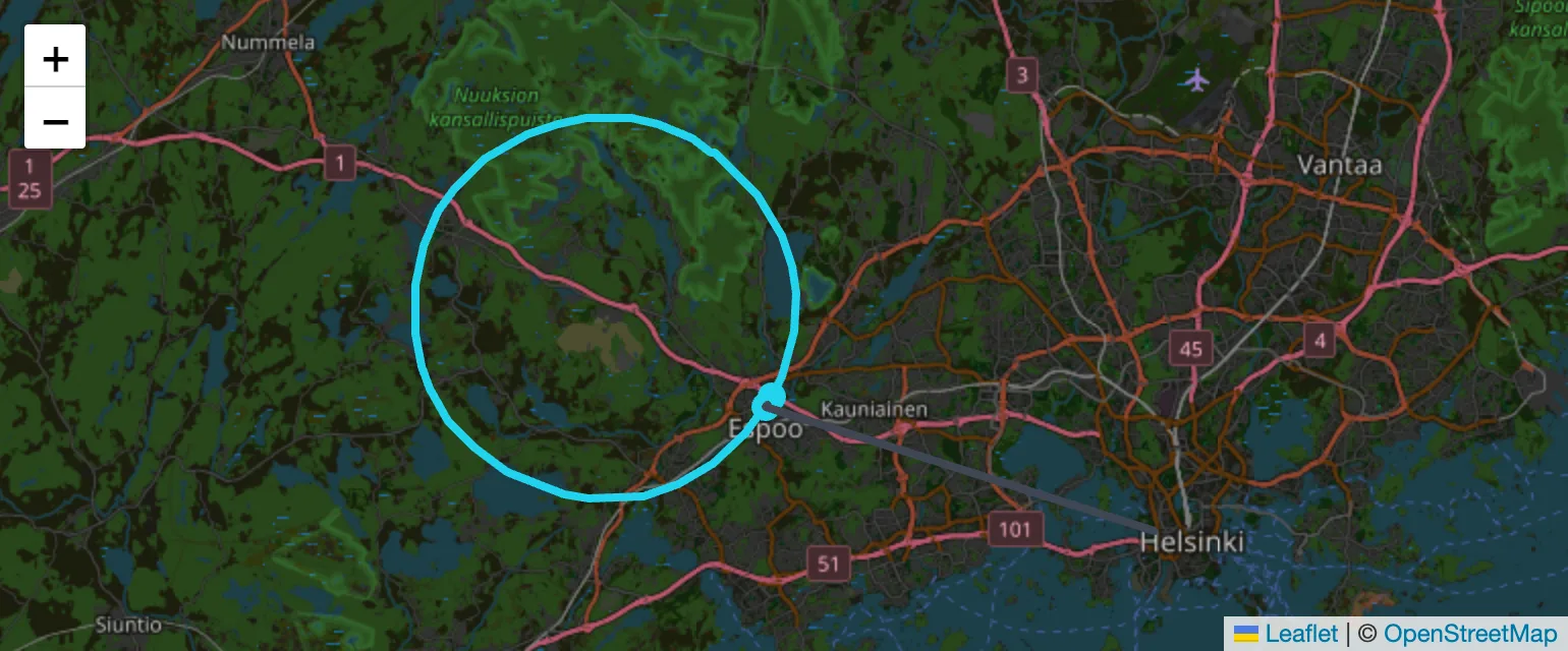 The route map under the crop chart, west of Helsinki. The ride's loop through Nuuksio and Espoo is drawn in cyan, with a marker where it starts and ends near Espoo, while a straight grey line runs from there south-east into central Helsinki — the drive home, greyed out because the crop removes it.